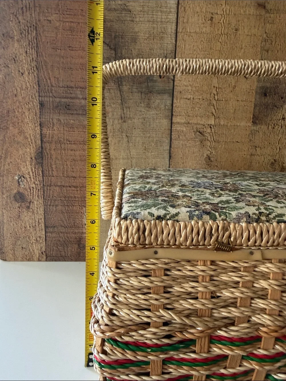 Vintage Wicker & Tapestry Sewing Basket with Assorted Sewing Notions